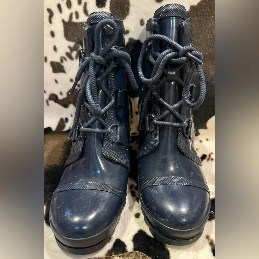 Sorel Joan of Arctic Wedge Rain Boots Navy Blue Rubber Lace Up NL2524-464 Mens 9